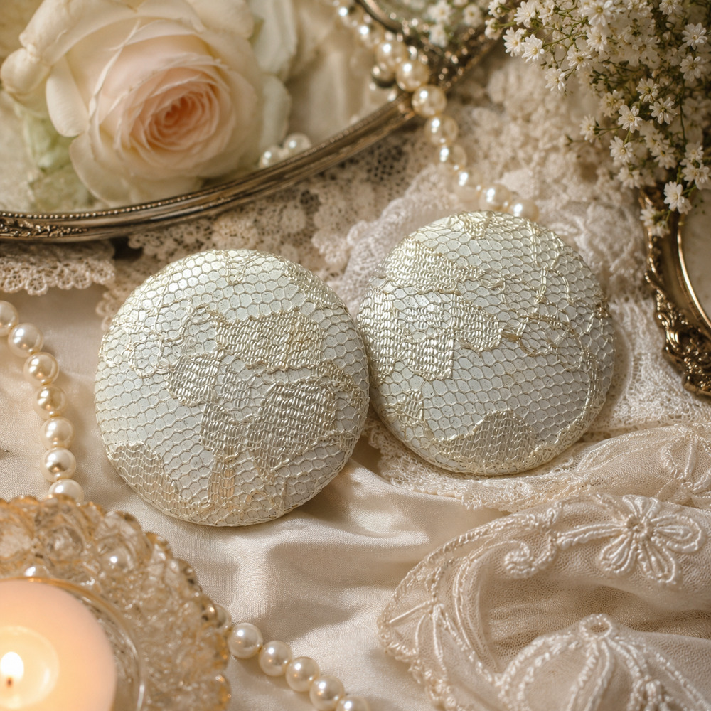 Vintage 1980's Lace Covered Oversized Button Earrings White Ivory Made in Korea